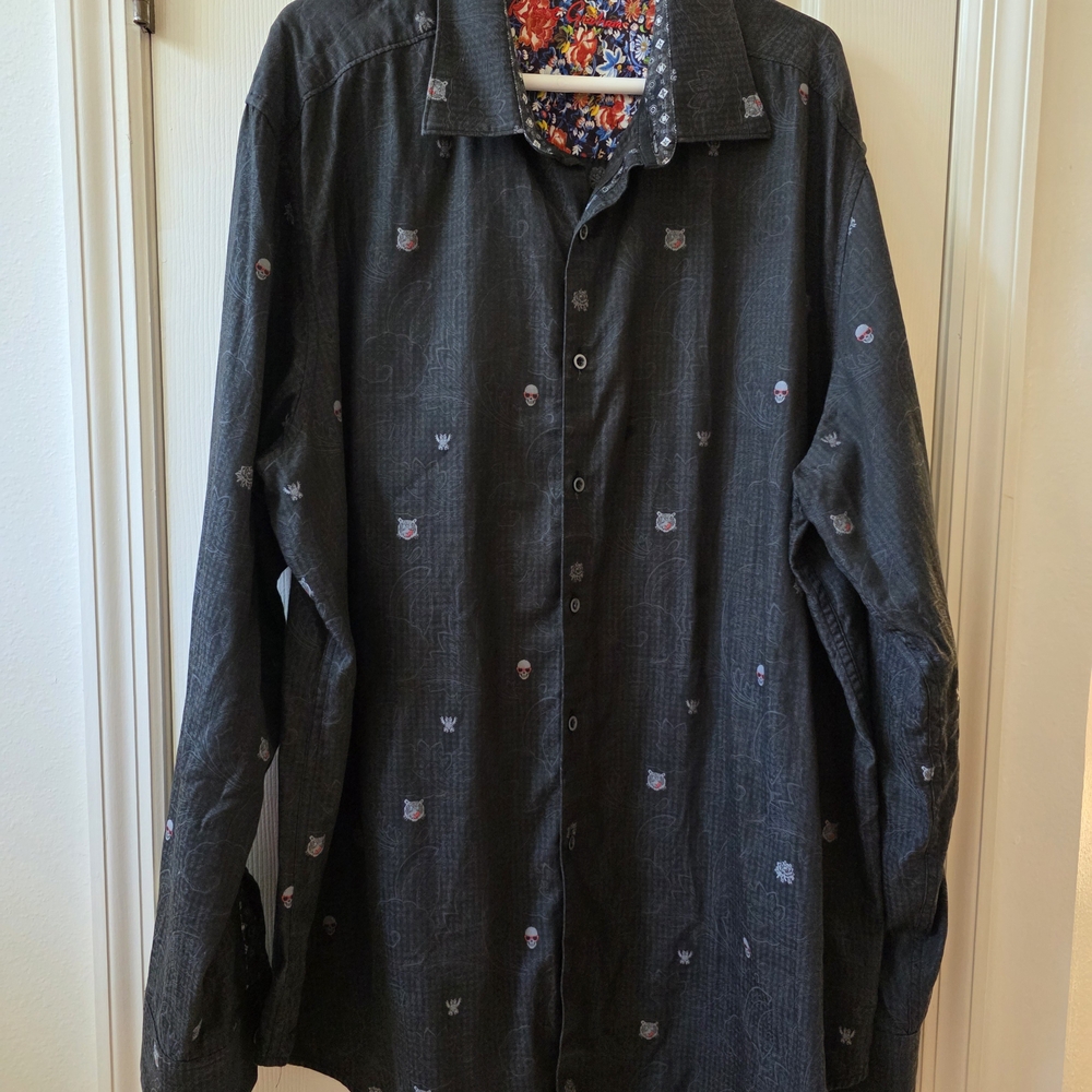 Robert Graham Black/Gray Shirt with Skull & Tiger Print Men's 2XLT